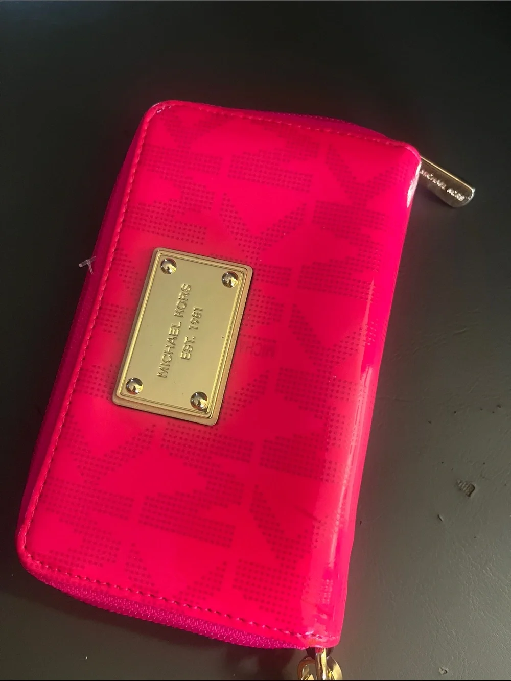 Hot Pink Patent Wristlet with Gold Plate